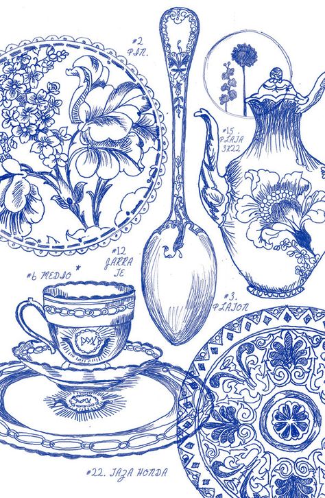 Using just a blue rollerball pen and some watercolours, Las Buenas Maneras comes to life inspired in antique ceramics and the romantic concept of going back to the good old maners of etiquette in the table; vintage spoons and traditional plates combined w… Tea Chest, Vintage Spoons, Ink Drawings, Blue Willow, Blue China, Love Blue, Craft Patterns, Work Life, Blue Ink