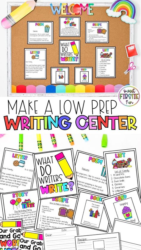 Wanting to create a writing center station for your students to visit during ELA centers, but not sure how to make it functional and low-prep?! I’ve got you covered! There are 3 print and go resources that I use to create my writing center, and my students love coming back to this station each day b First Grade Writing Center, Classroom Writing Center, Writing Center Preschool, Ela Stations, Centers First Grade, First Grade Words, Writing Paper Template, Ela Centers, Handwriting Lines