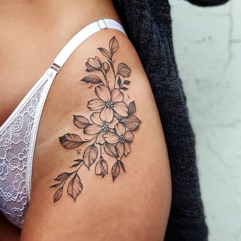 Hip Tattoos Women Peonies, Beautiful Tattoo For Women, Womens Calve Tattoo, Flower Bouquet Hip Tattoo, Tattoo Ideas For Side Of Stomach, Womens Small Hip Tattoo, Beautiful Hip Tattoos, Peonies Tattoo Thigh, Woman’s Hip Tattoo