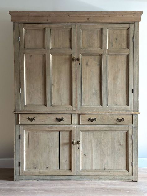 Antique Armoire In Kitchen, Antique Pine Armoire, Spool Cabinet Antique, Farmhouse Cupboards, Built In Linen Closet, Dresser With Hutch, Wood Pantry Cabinet, Kitchen Armoire, Pine Hutch