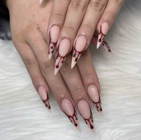 French Tip Drip Nails, Spooky French Nails, Dripping French Tip Nails, French Drip Nails, Drip Heart Nails, October Nails Halloween Acrylic, Blood Nails Halloween, Red Drip Nails, Blood Nails Acrylic