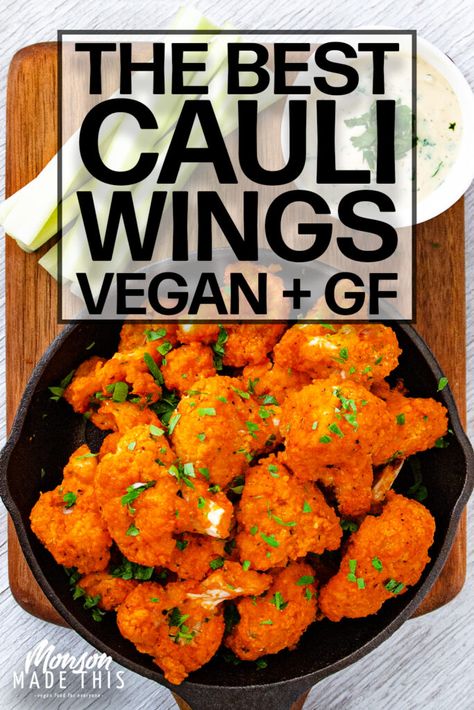 The Best Spicy Cauliflower Wings Ever! (vegan + GF + oil-free option) | Monson Made This Deep Fried Cauliflower, Vegan Cauliflower Wings, Vegan Wings, Vegan Ranch Dressing, Vegan Fried Chicken, Cauliflower Buffalo Wings, Spicy Cauliflower, Bourbon Chicken, Cauliflower Wings