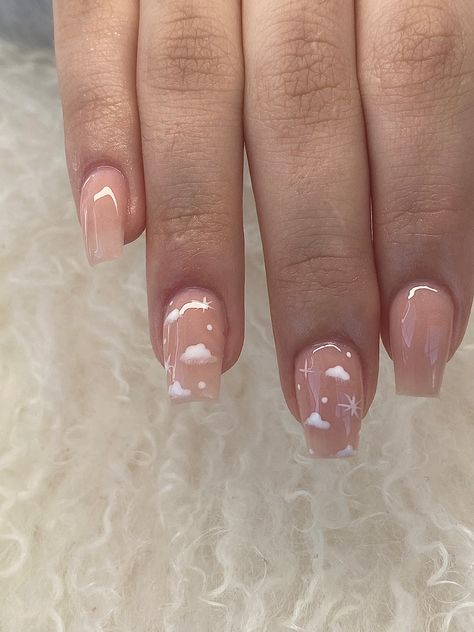 Short Nail Designs Clouds, Cloud Acrylic Nails Coffin, Gel X Nail Designs Short Square, Short Nails Squoval Simple, Nude Nails Coffin Short, Square Cloud Nails, Biab Gel Nails Designs Short, Coffin Square Nails Short, Cloud Short Nails