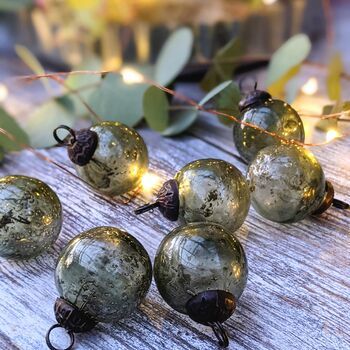 Green Aged Baubles Set Of Six By Marquis & Dawe | notonthehighstreet.com Olive Green Christmas Decor, Green Christmas Decor, Small Decorations, Christmas Decs, Green Xmas, Silver Christmas Decorations, Neutral Christmas, Wine Party, Christmas Interiors