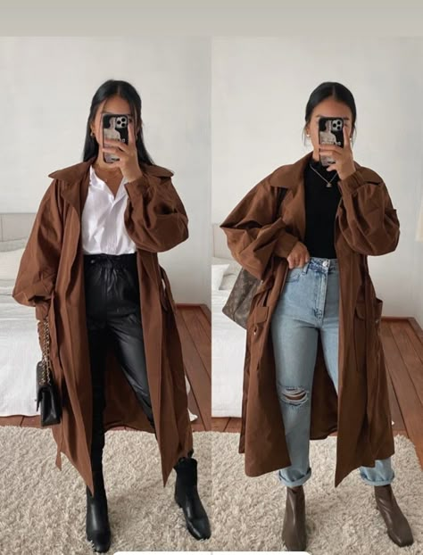 Brown Oversized Button Up Shirt Outfit, Long Brown Peacoat Outfit, Brown Coat Outfit Hijab, Brown Overcoat Outfit Women, Dark Brown Trench Coat Outfit, Professional Women Outfits, Uk Winter Outfits, Casual Coat Outfit, Dark Brown Coat Outfit