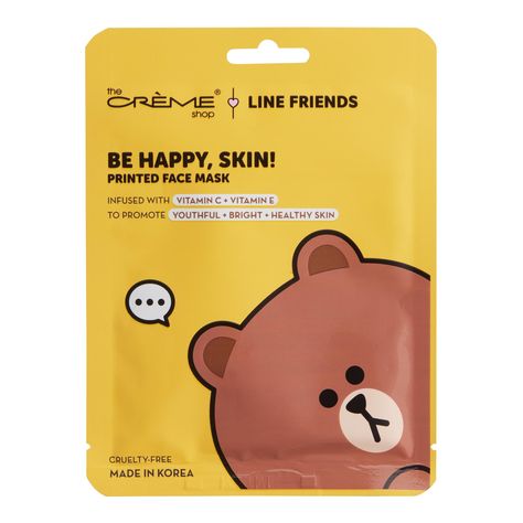 Hydrate and brighten skin with this vitamin C and E-infused sheet mask from Korean beauty experts The CrÃ¨me Shop. Place the adorable Line Friends bear mask on clean skin then lie back and relax while the collagen-supporting, antioxidant-rich ingredients get to work. Material: Plastic, Also could be used for beauty products,self care,spa,face mask,skincare,gift. By Cost Plus World Market.610205 Creme Shop Face Mask, Yellow Beauty Products, Facial Mask Packaging, Korean Face Mask Aesthetic, Spa Face Mask, Sheet Face Masks, Skincare Masks, Korean Mask, Mask For Face