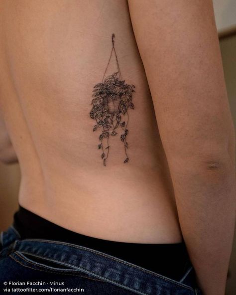 Hanging plant 🍃was fun to do 🦔 Aesthetic Plant Tattoo, Friend Plant Tattoos, Hanging Basket Tattoo, Hanging Flowers Tattoo, Cool Plant Tattoos, Hanging Flower Tattoo, Mycology Tattoo, Rave Tattoo Ideas Edm, Plant Themed Tattoos