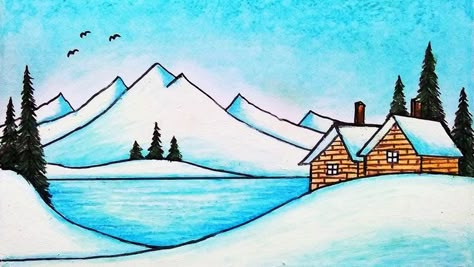 scenery drawing How To Draw A Winter Scene, Winter Easy Drawings, Easy Winter Drawings, Winter Season Drawing For Kids, Winter Drawings Easy, Winter Scenery Drawing, Winter Season Drawing, Winter Landscape Drawing, Winter Season Images