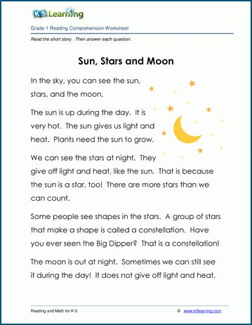 Children's non-fiction text and exercises: "Sun, Stars and Moon". 120 words. Our children's stories and reading comprehension worksheets provide reading practice for elementary school kids. Free from K5 Learning; no login required. Fiction Stories For Kids, Story For Grade 1, Poems For Boys, Moon For Kids, Phonics Reading Passages, English Stories For Kids, Reading Comprehension Lessons, Fiction Text, Children's Stories