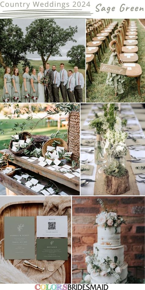 Sage green country wedding colors inspirations for 2024: sage green bridesmaid dresses, white bridal gown, dark grey groom suit and sage green tie, sage green wedding invitations, sage green and wood wedding ceremony decorations, sage green and wood table centerpieces. #weddingcolors #weddingideas #greenweddings #countryweddings #colsbm #2024 #bridesmaiddresses Sage Green And Wood Wedding, Spring Wedding Western, Sage Green Country Wedding, Green And Wood Wedding, Dark Grey Groom Suit, Sage Wedding Theme, Green Country Wedding, Sage Green Wedding Invitations, Country Wedding Colors