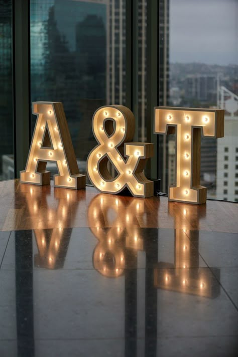 Marquee Letter Lights from a "Love at First Sight" Romantic Modern Wedding on Kara's Party Ideas | KarasPartyIdeas.com (6) Big Letters Decoration Wedding Ideas, Wedding Letter Lights, Wedding Light Letters, Wedding Light Up Letters, Letters At Wedding, Light Letters Decor, Marquee Lights Wedding, Big Letters Decoration, Wedding Letters Decor