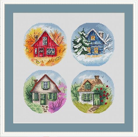 Houses. Seasons cross stitch chart designed by Anastasia Vorontsova. ATTENTION! Fabric and threads are not included! Cross stitch charts are intended for personal use only and can't be distributed any way. Seasons Cross Stitch, Stitch Blue, Cross Stitch House, Cross Stitch Cards, Chart Design, Dmc Thread, Cross Stitching, Blue House, Cross Stitch Charts