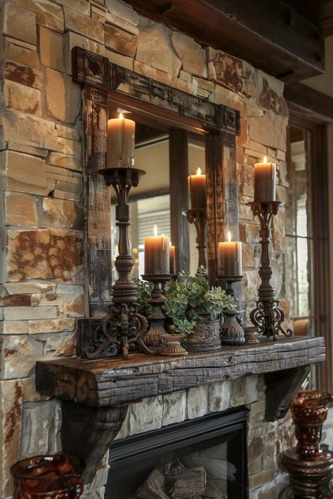 40 Rustic Mantel Decor Ideas To Revamp Your Fireplace Victorian Rustic Decor, Country Feel Living Room, Fireplace Designs Farmhouse, Diy Cozy Home Decor, Rock Fireplace Decor Ideas, Decorating Fireplace Mantel Christmas, Stone Fireplace Mantle Ideas, Industrial Country Decor, Rustic Mantle Decorating Ideas