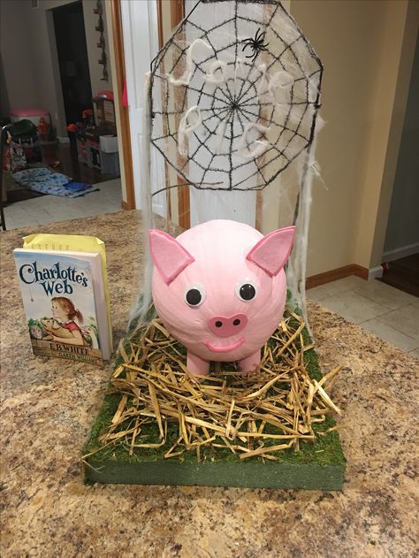 Pumpkin Decorating Storybook Characters, Charlottes Web Pumpkin Ideas, Storybook Painted Pumpkins, Charlotte’s Web Pumpkin, Charlotte Web Pumpkin, Charlottes Web Pumpkin Painting, Pumpkin Decorating Ideas Based On Books, Painted Animal Pumpkins, Book Pumpkin Project