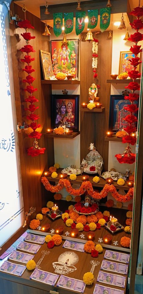 Diwali Temple Decorations At Home, Happy Laxmi Pooja, Diwali Mandir Decoration, Diwali Laxmi Pooja Decoration, Laxmi Pooja Decoration At Home, Laxmi Puja Decoration At Home, Mandir Snap, Diwali Decorations At Home Mandir, Pooja Setup