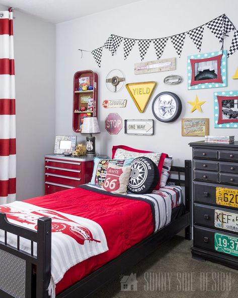 Cars Disney Bedroom, Kids Car Room Ideas, Kids Car Theme Bedroom, Disney Cars Bedroom Ideas, Boys Racecar Bedroom Ideas, Kids Car Bedroom, Lighting Mcqueen Bedroom, Car Headboard, Boys Cars Bedroom