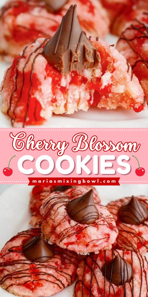 Looking for delicious dessert recipes? Say hello to your new favorite cookies! This simple baking idea starts with maraschino cookies. Topped with a Hershey Kiss and drizzled with chocolate, these easy cherry blossom cookies are such a treat! Holiday Maraschino Cherry Shortbread Cookies, Cherry Almond Cookies Recipe, Cherry Almond Chocolate Chip Cookies, Cherry Blossom Treats, Cherry Filled Cookies, Cream Cheese Cherry Cookies, Marichino Cherry Cookies, Marachino Cherries Christmas Cookies, Blossom Cookie Recipes