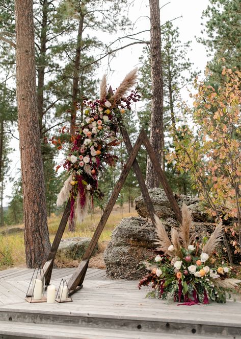 Triangle Arbor Wedding Flowers, Rustic Triangle Wedding Arch, Triangle Arbour Flowers, Triangle Arbor With Flowers, Boho Triangle Wedding Arch, Ceremony Entrance, Arbor Ideas, Tee Pee, Hills Wedding