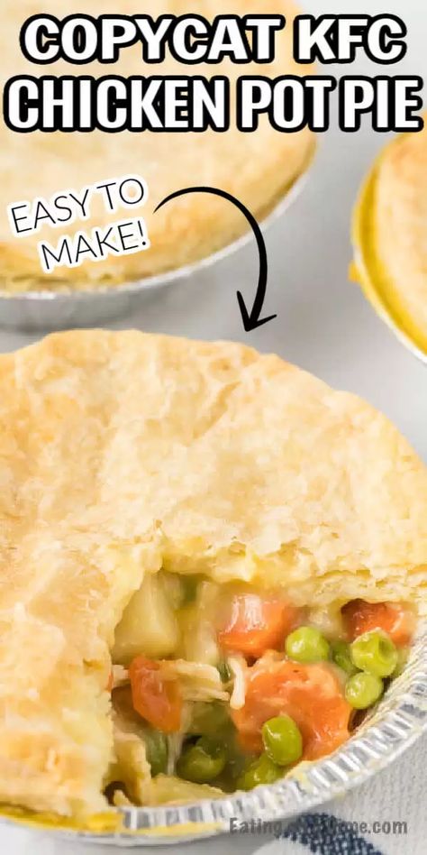 Copycat KFC Chicken Pot Pie is a fun and tasty dinner idea. These are fun mini chicken pot pies that you can easily reheat for a quick meal. Copycat Kfc Pot Pie, Kfc Chicken Pot Pie Recipe Copycat, Mini Pot Pie Recipe, Hi Ken Pot Pie, Quick And Easy Chicken Pot Pie, Chicken Pot Pies Recipes, Kfc Pot Pie Recipe, Small Chicken Pot Pies, Kfc Chicken Pot Pie Recipe