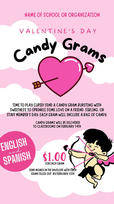 Spread love and sweetness with our customizable Cupid-themed candy gram fundraiser flyer, perfect for sharing kindness and raising funds using Canva's easy editing tools. Available in both English and Spanish designs, it reaches a wider audience and ignites hearts in multiple languages with this delightful flyer template. #valentinesday #cupid #fundraisertemplate #fundraiser #schoolfundraiser #candygrams #valentinesdaycandygram #valentinesdaycards #valentinecard Candy Grams Poster, Candy Gram Fundraiser, February Fundraiser Ideas, Valentine’s Day Fundraiser, Candy Fundraiser Ideas, Candy Grams Ideas, Candy Gram Ideas Valentine, Valentines Day Candy Grams, Valentines Grams