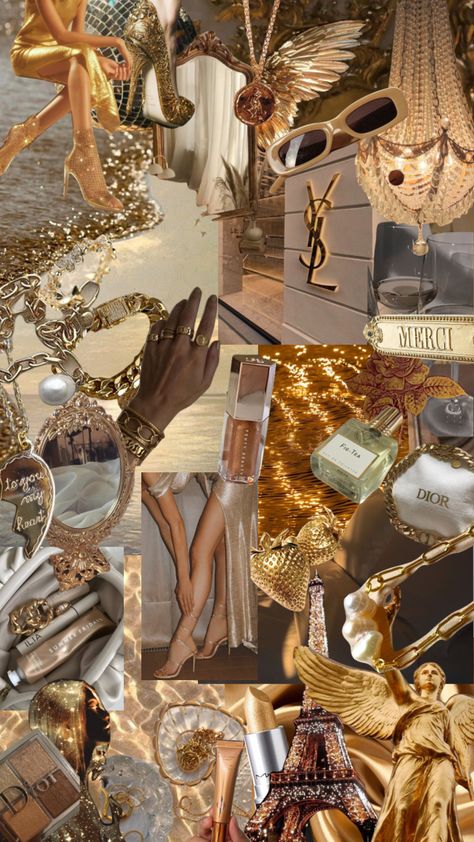 Makeup Collage Aesthetic, Gold Moodboard Aesthetic, Gold Collage Aesthetic, Gold Aesthetic Party, Gold Birthday Aesthetic, Silver And Gold Aesthetic, Ordinary Aesthetic, Cleopatra Aesthetic, Gold Moodboard