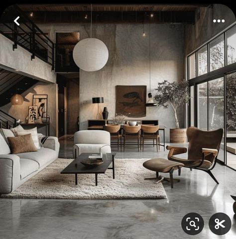 Industrial Living Room Ideas, Modern Industrial Living Room, Industrial Living Room Design, Living Room Industrial, Industrial Living Room, Modern Industrial Interior, Modern Industrial Decor, Concrete Flooring, Industrial Livingroom