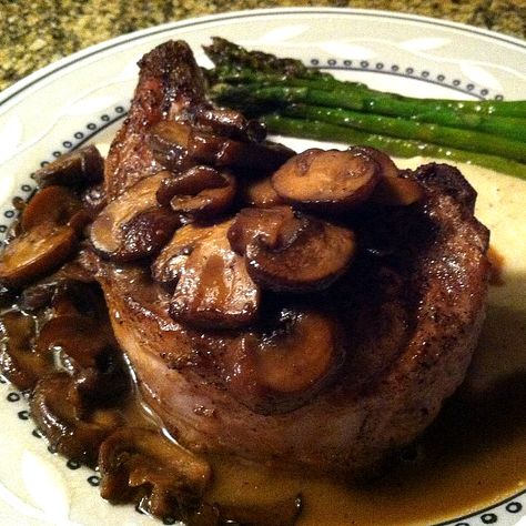 Steak With Mushrooms, Village Tavern, Madeira Sauce, Sirloin Steak Recipes, Pork Mushroom, Mushroom Pork Chops, Seared Pork Chops, Grilled Steak Recipes, Sirloin Steak