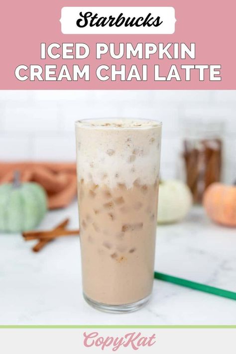 Starbucks Iced Pumpkin Cream Chai is a deliciously refreshing and creamy tea drink with fall flavors. Chai tea is combined with milk, poured over ice, and topped with pumpkin cold foam and pumpkin pie spice. Get the easy copycat recipe and find out how to make an iced pumpkin cream chai tea latte like Starbucks. Starbucks Iced Chai Tea Latte Recipe, Chai Latte Starbucks, Pumpkin Cold Foam, French Vanilla Syrup, Chai Tea Latte Recipe, Iced Chai Tea Latte, Chai Latte Recipe, Starbucks Vanilla, Iced Drinks Recipes