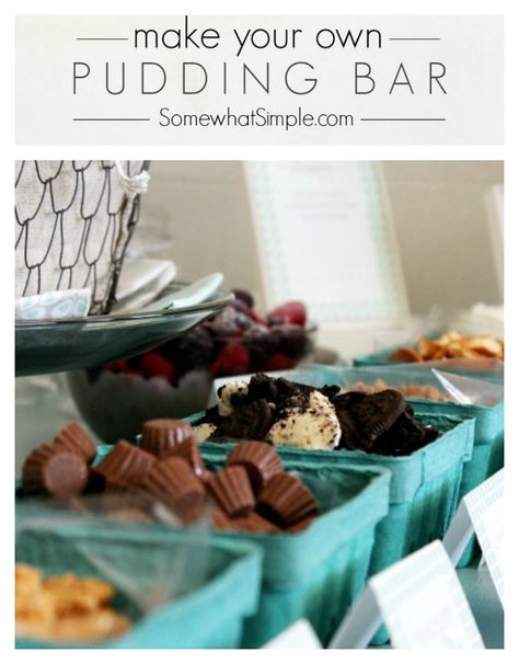 Pudding Bar Party. Fun idea for a dessert bar. Dessert Bar Ideas Parties, Bar Dessert Recipes, Graduation Dessert Bar, Diy Dessert Bar, Dessert Bar Ideas, Pudding Bar, Party Food Bars, Easy Dessert Bars, Party Food Bar