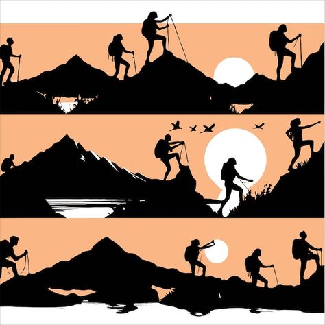 Silhouettes of people hiking in the moun... | Premium Vector #Freepik #vector #clipart #trekking #mountaineering #clip-art Trekking Illustration, Hike Illustration, Hiking Illustration, Hiking Images, People Hiking, Silhouettes Of People, Hiking Inspiration, Inktober 2024, Silhouette People