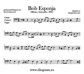 Partitura de Bob Esponja para Violonchelo y Corno Inglés BSO Dibujos Animados Music Score Cello and English Horn Sheet Music Bob Sponge Bob Sponge, Baritone Saxophone, English Horn, Saxophone Sheet Music, Oboe, Music Score, Trombone, Tuba, Ukulele