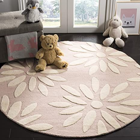 Safavieh Kids Collection SFK914P Handmade Daisy Wool Area Rug, 5' x 5' Round, Pink / IvoryUnique Loom Solo Collection Solid, Plush, Kids, Modern Area Rug, 2 ft 2 in x 6 ft 7 in, Yellow Boys Rug, Girls Rugs, Pink Ivory, Ivory Area Rug, Nursery Rugs, Round Area Rugs, Ivory Rug, Handmade Wool Rugs