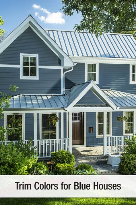 Complement a blue house with white trim for an American classic look or go with an updated twist by incorporating gray trim for a unique look and feel. #exteriordesign #curbappeal #sidingideas #exteriorideas #homeexterior #exteriorcolor #trimcolor #sidingcolor #homeexterior #exteriorcolor #jameshardie #hardiesiding #hardieplank Metal Roof Design, Tin Roof House, Gray Houses, Metal Roof Cost, Metal Shingle Roof, Metal Roofing Systems, Metal Roof Houses, Metal Roof Colors, Standing Seam Metal Roof