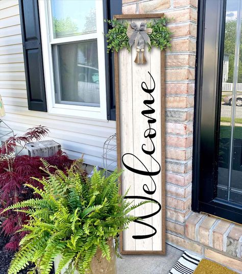 PRICES MAY VARY. 【Highquality Material】: the hanging vertical welcome sign for front porch is made of natural and quality wood material, sturdy and reliable to use, It is printed with weatherproof UV Inks that won’t fade, peel or crack. 【Perfect Size】: Welcome sign is 45" tall and 9" wide , 1" thick, weighs 2.5 lb. Ready to hang anywhere you want guests to see in your home, such as the porch, yard, entrances, entryways, front porches and walls and any conspicuous position. 【Exquisite Craftsmansh Farmhouse Outside, Outdoor Welcome Sign, Front Porch Signs, Porch Welcome Sign, Diy Porch, Welcome Signs, Front Door Signs, Outdoor Porch, Leaf Decor