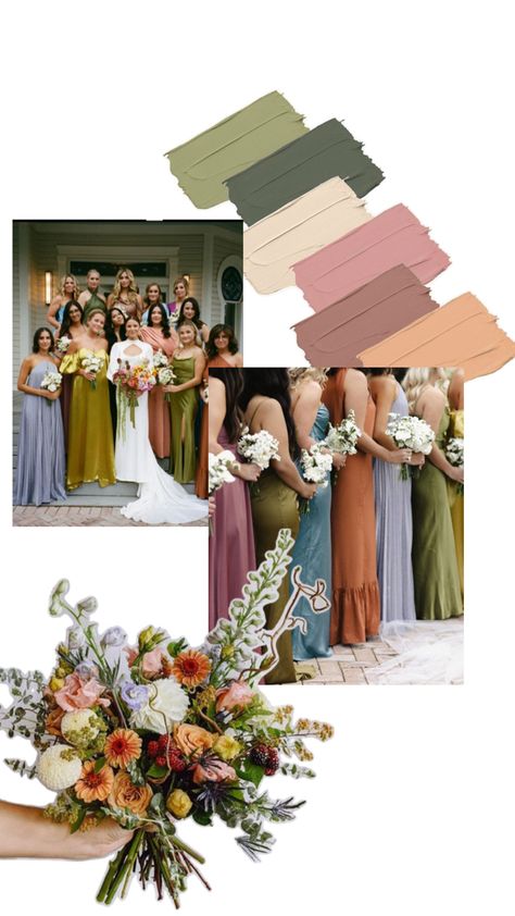 Muted Colorful Wedding, Earth Tone Wedding Theme, Champagne Wedding Colors Scheme, Fall Color Palette Wedding, Wedding Color Schemes Fall, June Wedding Colors, Bridesmaid Color Palette, Bridesmaid Dress Color Schemes, Bridesmaids Blue