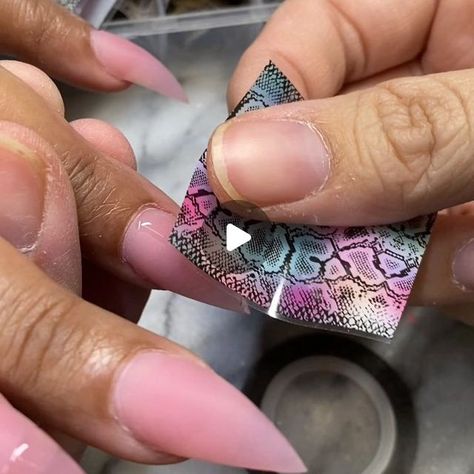 Foil Nail Designs Gel Polish, Nails Design With Foil, Poly Gel Nail Inspiration, Foil Designs On Nails, Different Shape Nails On One Hand, Almond Nails With Foil, Pink Nail Extension Designs, Snake Foil Nails, Nail Stamper Ideas