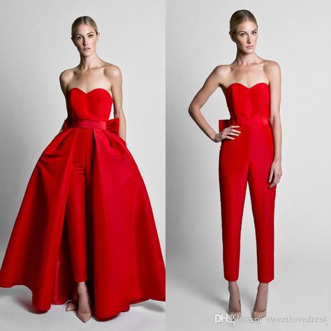 Red Jumpsuits, Jumpsuit Evening, Krikor Jabotian, Classy Prom, Detachable Skirt, Woman In Red, Evening Dress Fashion, White Short Dress, Plus Size Vintage