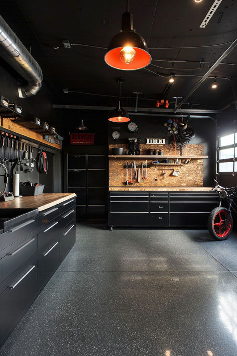 garage paint ideas for black walls Black Interior Garage, Masculine Garage, Dark Garage Interior, Garage Mancave Ideas, Garage Ideas Man Cave, Black Garage Interior, Garage Painting Ideas, Painting A Garage, Living Room Photo Wall