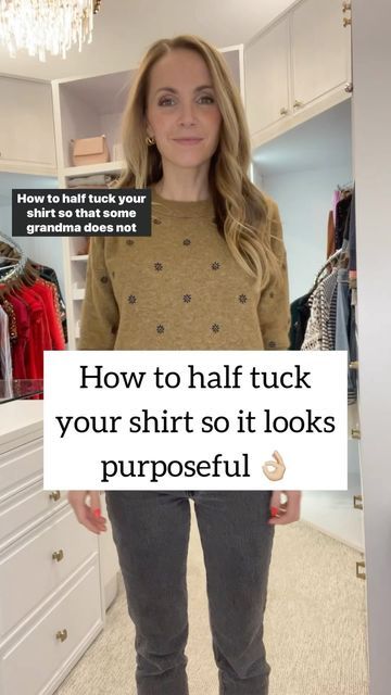 Tucked In Shirt Outfit, Shirt Tucked Into Jeans, Tuck Your Shirt, How To Wear Shirt, French Tuck, Fall Winter Hair Color, Dark Fall, Shirt Hacks, Trendy Short Haircuts