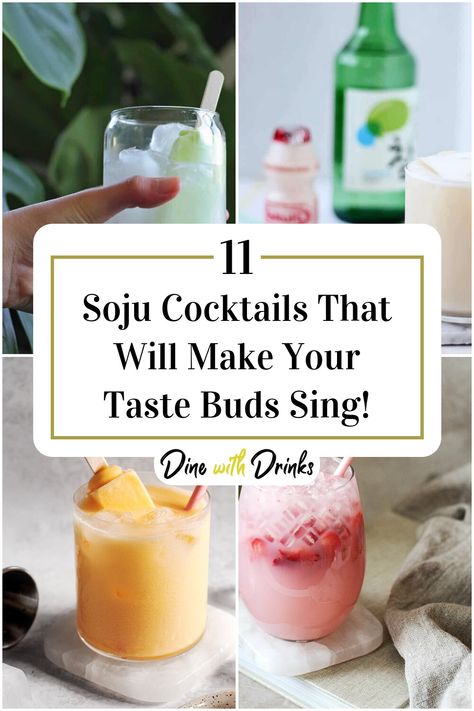 Collage of 4 soju cocktails. Easy Cute Cocktail Recipes, Yogurt Soju Cocktail Recipes, Watermelon Soju Cocktail, Soju Mixed Drinks Recipe, Sake Mixed Drinks, Chinese Drinks Alcohol, Soju Yakult Recipe, Lychee Soju Cocktail, Soju Cocktail Recipes Drinks