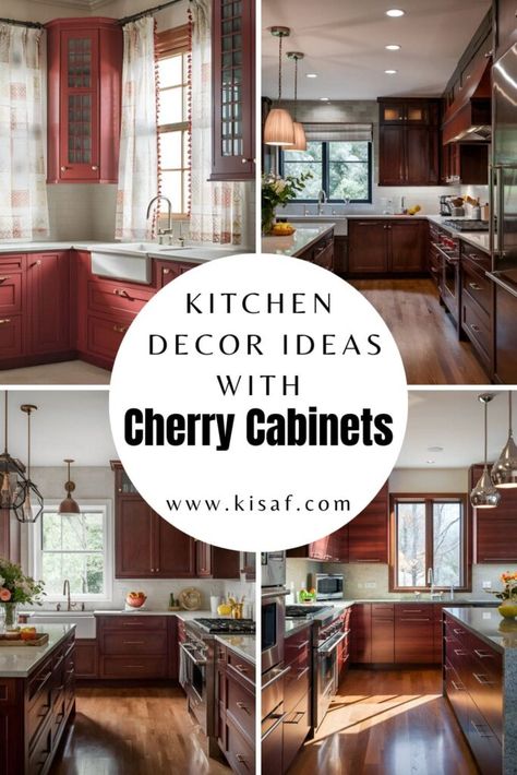 Uncover 20 Must-Try Kitchen Decor Ideas For Cherry Cabinets! Cherry Wood Trim, One Wall Kitchen Layout, Cherry Kitchen Island, Kitchen Counters And Backsplash, Cherry Wood Kitchen, Cherry Wood Kitchen Cabinets, Cherry Wood Kitchens, Cherry Wood Cabinets, One Wall Kitchen