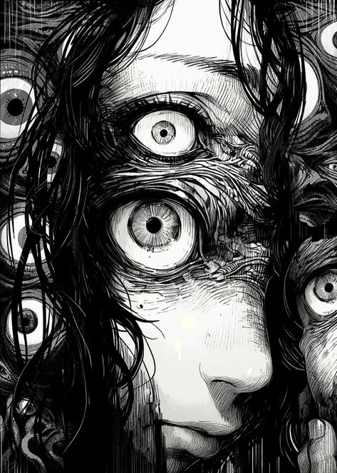 Creepy Cool Art, Eyes Drawing Scary, Black Eye Drawing, Creepy Manga Art, Eyes Scary Art, Transformation Art Ideas, Black And White Art Ideas, Horror Artwork Creepy Dark Art, Creepy Anime Art