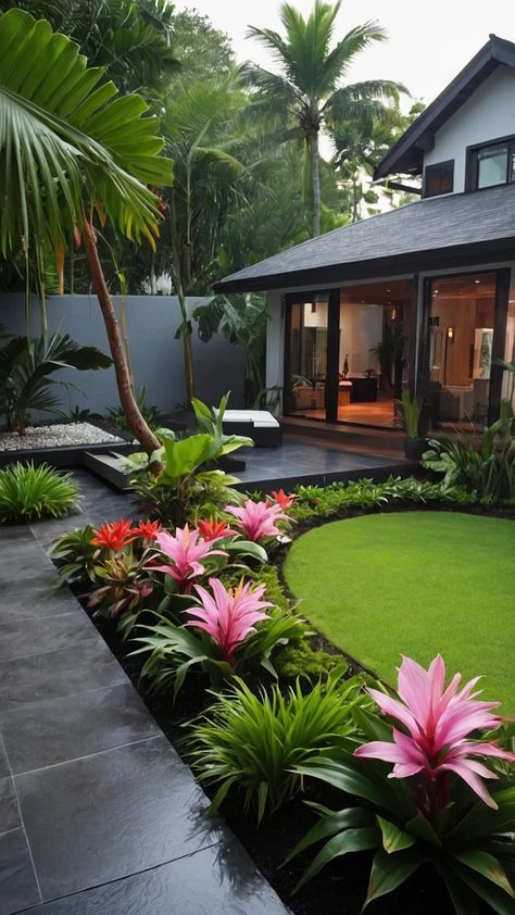 Escape to Paradise: 15 Tropical Backyard Landscaping Ideas - Cheerful Talks Tropical Backyard Landscaping, Tropical Patio, Taman Diy, Tropical Landscape Design, Garden Nails, Florida Landscaping, Tropical Garden Design, Front Garden Landscape, Tropical Backyard