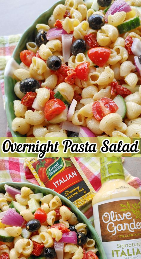 Absolutely THE BEST pasta salad recipe made by mixing hot, cooked pasta with prepared Italian dressing AND dry Italian dressing seasoning mix to marinate overnight. All Kinds Of Salads, Overnight Pasta Salad, Quick And Easy Summer Salads, Pasta Salad With Sun Dried Tomatoes, Pasta Salad Recipes With Italian Dressing, Pasta With Italian Dressing, Best Pasta Salad Ever, Best Pasta Salad Recipe, Pasta Salad Dressing Recipe