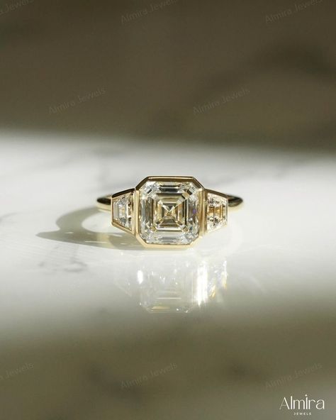 3 CT Asscher Cut Moissanite Engagement Ring, Three Stone Bezel Set Wedding Bridal Ring, 3 Stone Stackable Anniversary Ring, Bridesmaid Ring Bezel Set Asscher Engagement Ring, Three Stone Moissanite Engagement Ring, Ring 3 Stone, Engagement Ring Three Stone, Bridesmaid Ring, Bridesmaid Rings, Ring Three Stone, Bezel Engagement Ring, Bezel Set Ring