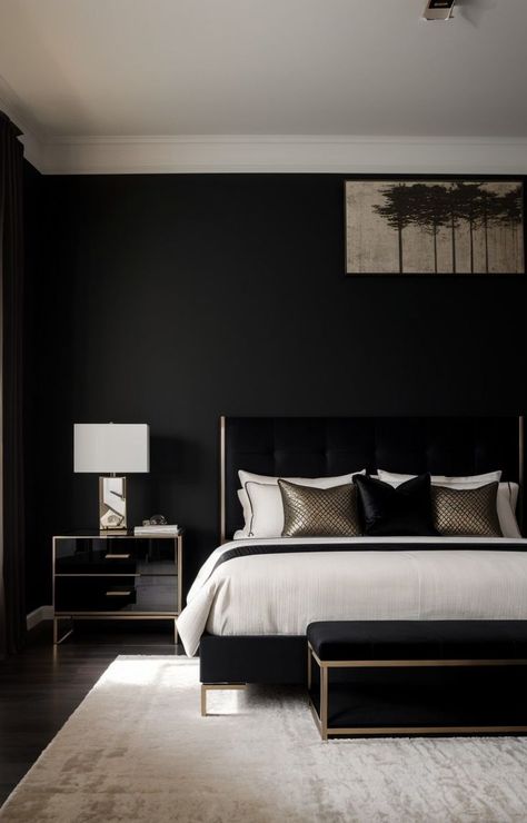 Create a sleek and sophisticated bedroom aesthetic by incorporating dark furniture pieces. Pair a sleek black bedframe with matching bedside tables and complement the look with metallic accents and statement lighting for a modern and elegant vibe. Black Bedframe Bedroom, Black Bedframe Bedroom Ideas, Matching Bedside Tables, Taylor Swift House, Sophisticated Bedroom, Dark Furniture, Flat Ideas, Black Bedroom, Bedroom Black