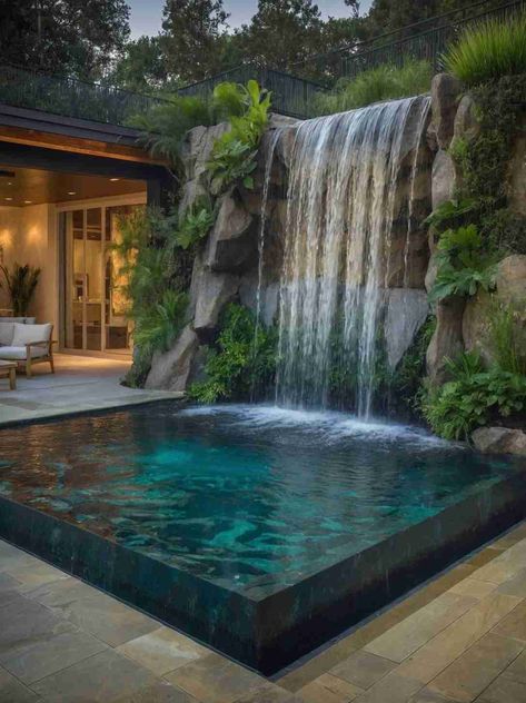 47 Stunning Small Backyard Pool Ideas with Waterfall in 2024 Waterfall Pool Design, Modern Tropical Garden Design, Pool Ideas With Waterfall, Solar Waterfall, Garden Sitting Area, Luxury Pool House, Small Backyard Pool Ideas, Waterfall Landscaping, Small Backyard Pool