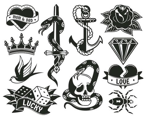 Símbolos de tatuagem da velha escola, co... | Premium Vector #Freepik #vector #tatuagem-flores #diamante-desenho #rosa-desenho #coracao Diamond Tattoo Meaning, Engraving Tattoo, Tattoo Symbols, Tattoo Old School, Diamond Tattoos, Traditional Roses, Spider Tattoo, Classic Tattoo, Cartoon Tattoos