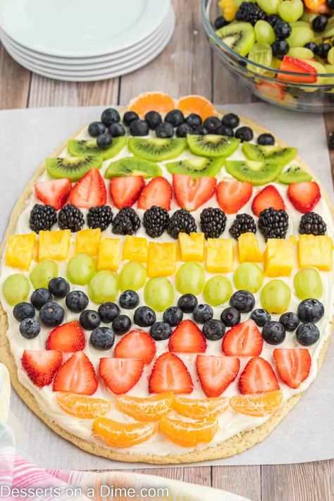 Fruit Pizza Sugar Cookie Dough, Easter Fruit Pizza, Egg Fruit Pizza, Easter Egg Fruit Pizza, Homemade Sugar Cookie Dough, Egg Fruit, Dessert Pizza Fruit, Chocolate Lasagna Recipe, Festive Holiday Desserts