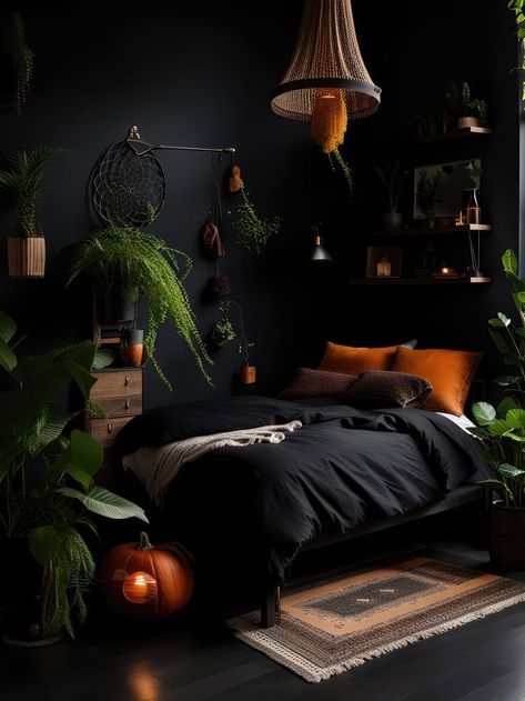 Boho Noir Serenity: Dark Bedroom Escapes 🌒🌺 Goth Home Aesthetic, Garden Design Patio, Spanish Villa Home, 2023 Home Interior, Modern Cottage Homes, Wall Decor Garden, Villa Home, Spanish Villa, Dark Bedroom